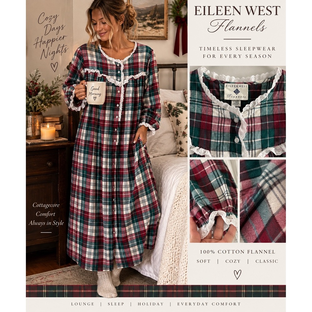 Eileen West 1X Tartan Plaid Flannel Nightgown Cottagecore Prairie Lace